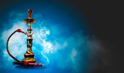 Background of smoking hookah, blue neon light, smoke, smog