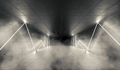 Monochrome dark empty space background. Grunge concrete walls and floor, neon light, smoke.