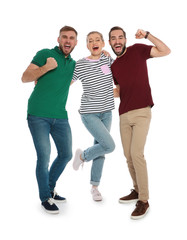 Obraz premium Young people celebrating victory on white background