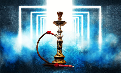 Smoking hookah on the background of an empty room, blue neon light, smoke