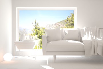 White room with sofa and green landscape in window. Scandinavian interior design. 3D illustration