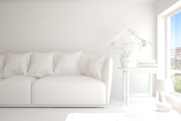 White room with sofa. Scandinavian interior design. 3D illustration