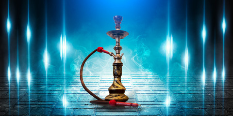 Naklejka premium Background of smoking hookah, blue neon light, smoke, smog