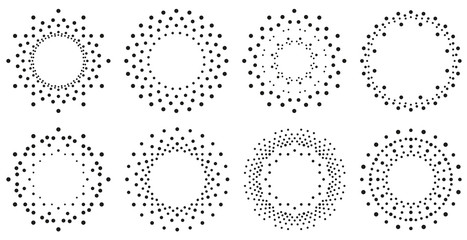 Set of dot ornaments. Frames made of dots. Round pattern. Circle shapes. Design background for invitations and holiday cards.