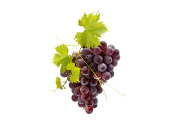 Ripe red grape with leaves .