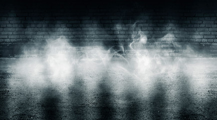 Background of empty dark room with brick walls, illuminated by neon  lights with laser beams, smoke