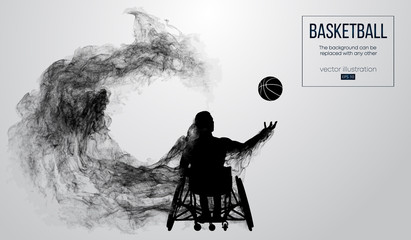 Abstract silhouette of a basketball player disabled on white background from particles, dust, smoke, steam. Basketball player performs throw a ball. Background can be changed to any other. Vector