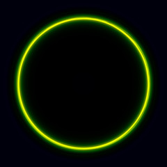 Yellow vibrant neon glowing circle. Colorful round frame. Abstract bright ring. Shine vector stroke illustration for your design, banner, ad.