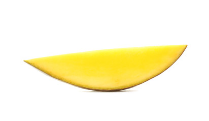 Slice of delicious ripe mango on white background
