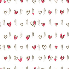 Vector seamless pattern spring twigs and hearts. Romantic hand drawn graphics background. Trendy design concept for fashion textile print.