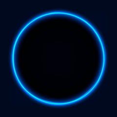 Blue vibrant neon glowing circle. Colorful round frame. Abstract bright ring. Shine vector stroke illustration for your design, banner, ad.
