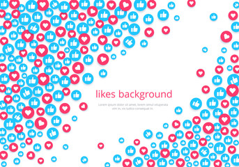 flat image on a white background, round icons with likes and hearts, social networks and the Internet