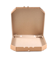 Open cardboard pizza box on white background. Food delivery