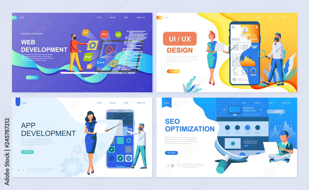 Leinwandbilder set of landing page template for web and app development, ui/ux design, seo. modern vector illustrat