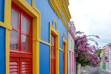 The historic architecture of Olinda in Pernambuco, Brazil with its colonial buildings and cobblestone streets at sunset.