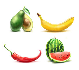 Food set.Set from drawn banana, pepper, avocado and watermelon isolated on white background