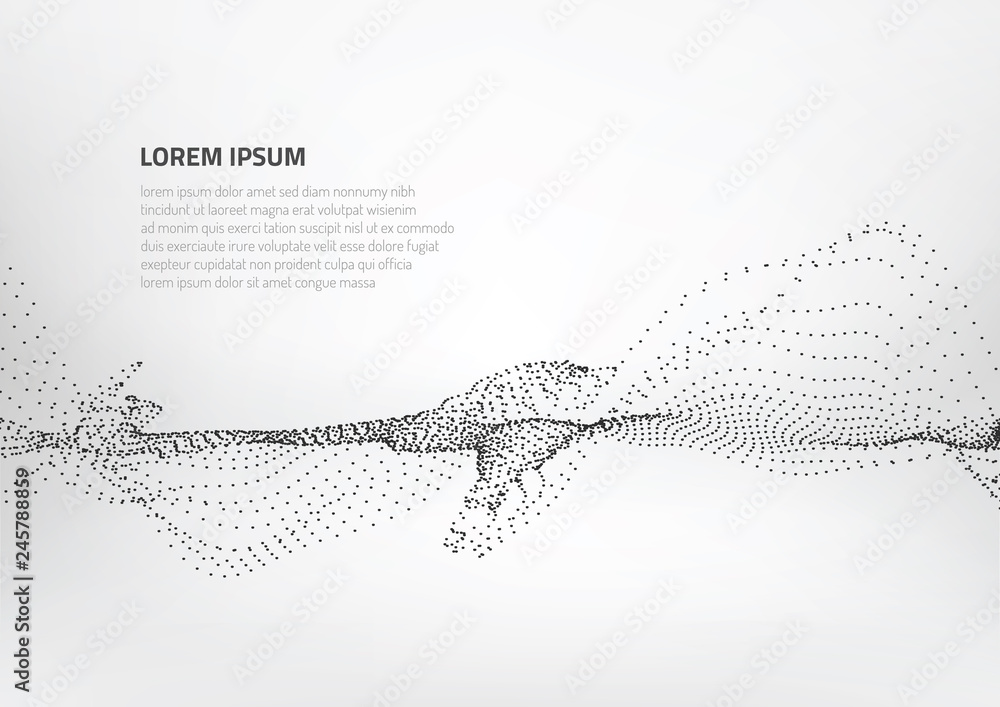 Poster abstract background with volumetric forms of particles. particle oscillation and motion of waves in 