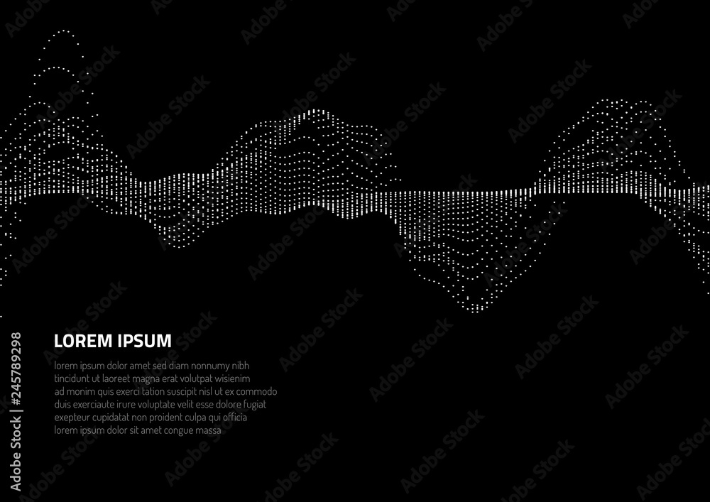 Poster abstract background with volumetric forms of particles. particle oscillation and motion of waves in 