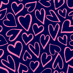 Hand drawn seamless pattern with hearts in pink on navy blue background.