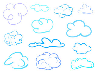 Colorful clouds on isolation background. Sketchy doodles on white. Hand drawn infographic elements. Colored illustration. Sketches for artworks