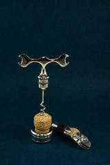 items for wine lovers and sommelier corkscrew funnel bottle ring on turquoise background