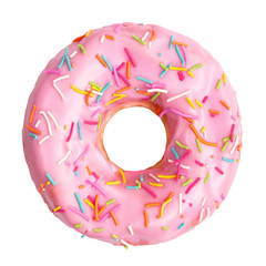 Pink donut decorated with colorful sprinkles isolated on white background. Flat lay. Top view - obrazy, fototapety, plakaty