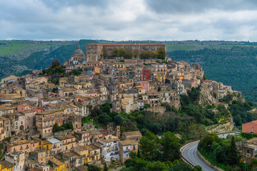 Fototapeta na wymiar Aerial view of the ancient city on the hills Ragusa in Sicily, Italy