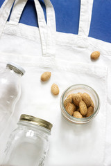 Ecological concept, reusable bags and jars. For purchases without polyethylene and plastic.