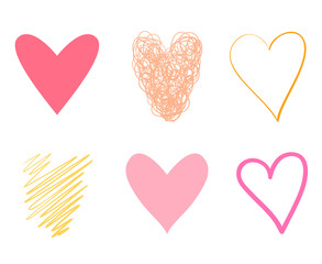 Colorful trendy hearts on isolated white background. Hand drawn set of love signs. Abstract image for design. Line art creation. Colored illustration. Sketchy elements for artworks