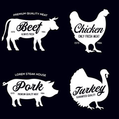 Farm animals icons set. Collection of labels with beef, chicken, pork, turkey, butcher shop, steak house.