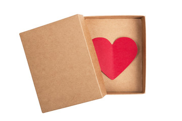 Red paper heart in cardboard box with lid isolated on white background. Flat lay. Top view