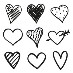 Hand drawn grunge hearts on isolated white background. Set of love signs. Unique image for design. Black and white illustration. Elements for design