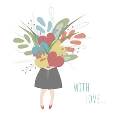 A girl is holding a big bouquet of colorful hearts and  flowers. Vector illustration in white, res, blue, yellow and green colors  with romantic text With Lova! Perfect for greeting cards, posters.