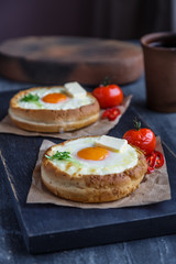 Khachapuri modern look on black wooden cutting board