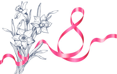 Seamless p Internationattern with hand drawn bouquet of spring flowers and numeral eight created from pink ribbon . Сonceptual vector Greeting design for packaging, wrapping flowers, gift paper, cards