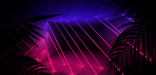 Background of the dark room, tunnel, corridor, neon light, lamps, tropical leaves. Abstract background with new light. 3D rendering