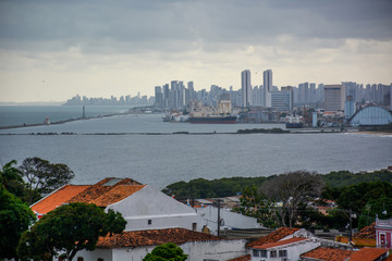 Naklejka premium Beautiful aerial view of buildings and beach view of Olinda and Recife in Pernambuco, Brazil