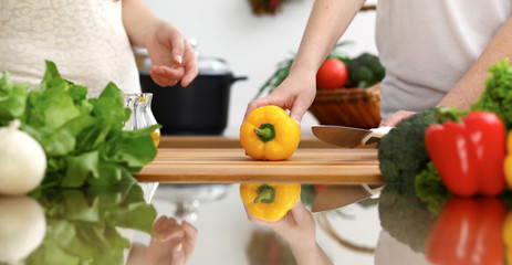 Closeup of human hands cooking in kitchen. Mother and daughter or two female friends cutting vegetables for fresh salad. Friendship, family dinner and lifestyle concepts