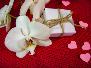 Orchid and hearts on red cloth, Valentines Day background, wedding day.