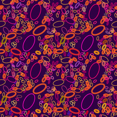 Seamless bright pattern from red, pink, purple, yellow and orange ovals on a dark violet background. Vector illustration. Suitable for fabric, wallpaper, wrapping paper