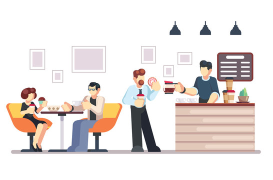 Cafe shop and people relaxing. Modern place interior to meet, drink and eat, chat, have a rest, enjoy free time, barista makes and serves coffee for public. Vector flat style cartoon illustration