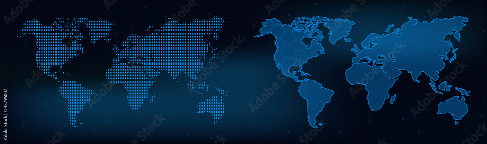Poster Abstract mash line and Pixel world. Wire Frame 3D mesh polygonal network line, dot and structure. World Map Infographic Banner With Copy Space. Eearth map set. World map collection 