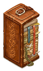 Isometric old book of magic spells and witchcraft with torn pages for computer game in cartoon style. 3d isolated vector illustration.