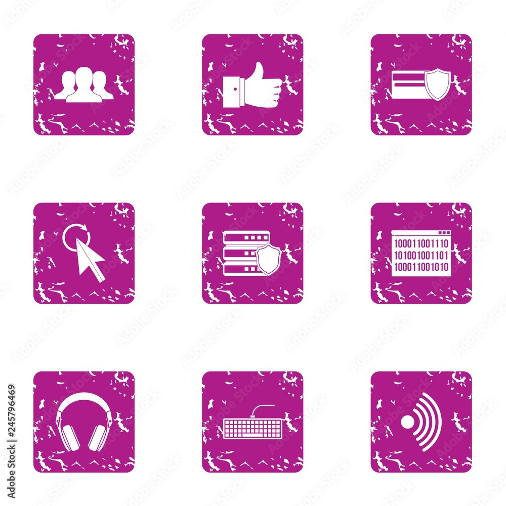 Poster computer attack icons set. grunge set of 9 computer attack vector icons for web isolated on white ba