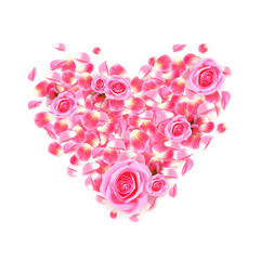 Background with realistic pink rose and rose petals in shape of heart. Pink rose petals isolated on white background
