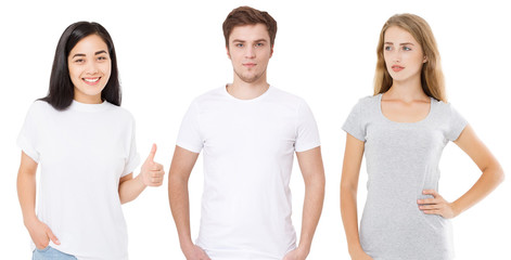 Women and man in blank template t shirt isolated on white background. Guy and girls in tshirt with copy space and mock up for advertising. White and gray shirts. Front view