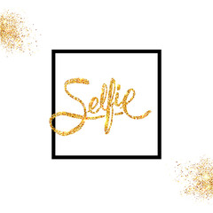 Obraz premium Golden glitter Selfie Concept on Off White Background.