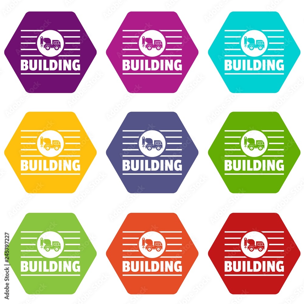 Poster building company icons 9 set coloful isolated on white for web