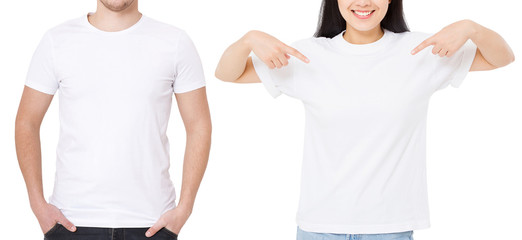 Asian girl and man in blank template t shirt isolated on white background. Guy and young woman in...