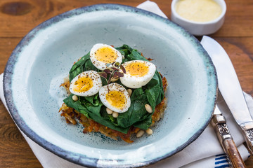 Quail Eggs florentine with spinach and rosti